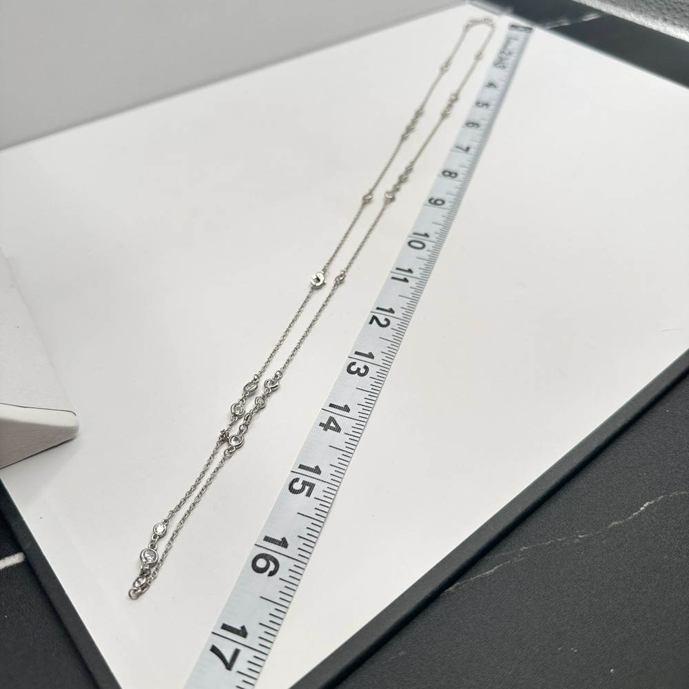 Necklace Silver Tone Double Strand Clear Rhinestone Bezel Set Statement Chain - Picture 9 of 9